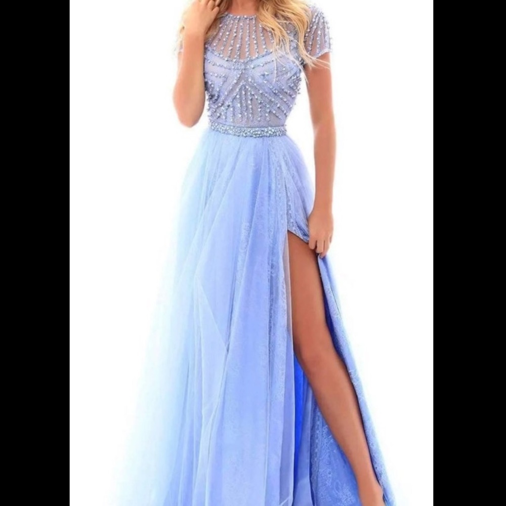 Tarik Ediz Light Blue Beaded Tulle Prom Gown